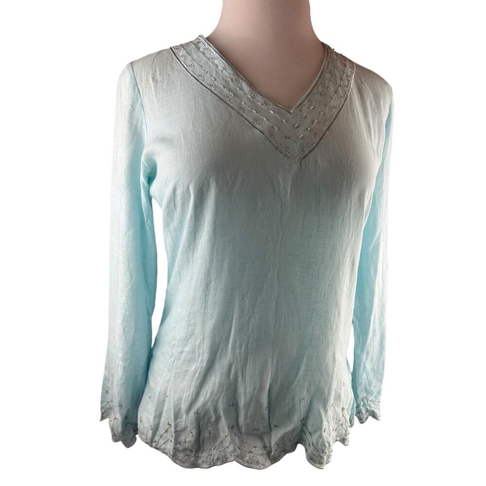 ✨2/$20 Flawed Lilly Pulitzer Linen Beaded Blouse Light Blue Top Small H11153 - Picture 4 of 16